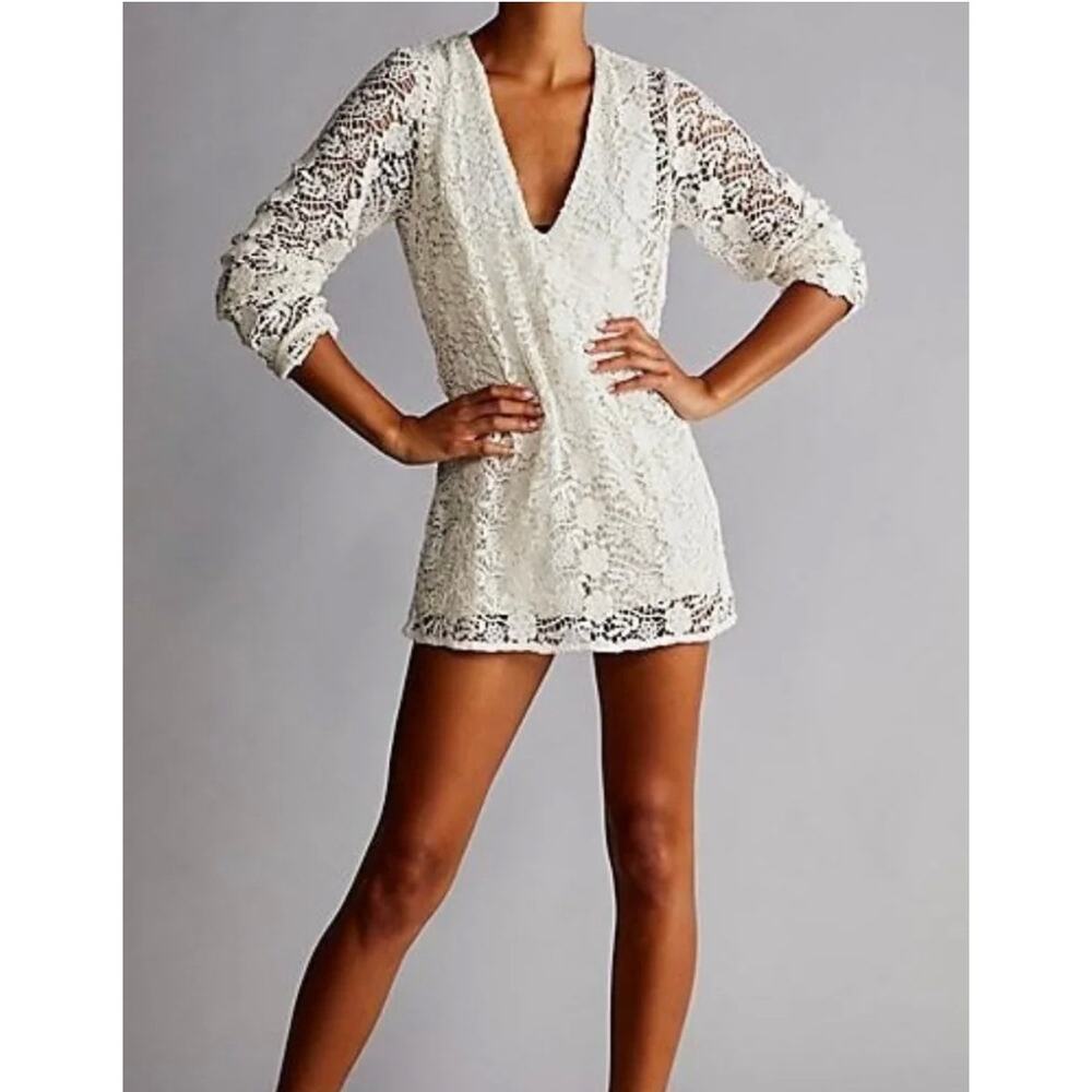 Free People Stephanie Lace Romper Ivory Long Sleeve Boho Mini S